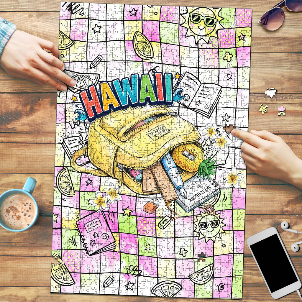 Hawaii Cruising Back To School Puzzle Grid Pattern With School Bag And Vintage Surf Van