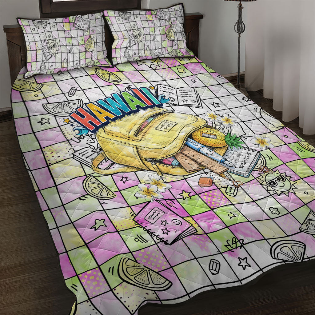 Hawaii Cruising Back To School Quilt Bed Set Grid Pattern With School Bag And Vintage Surf Van