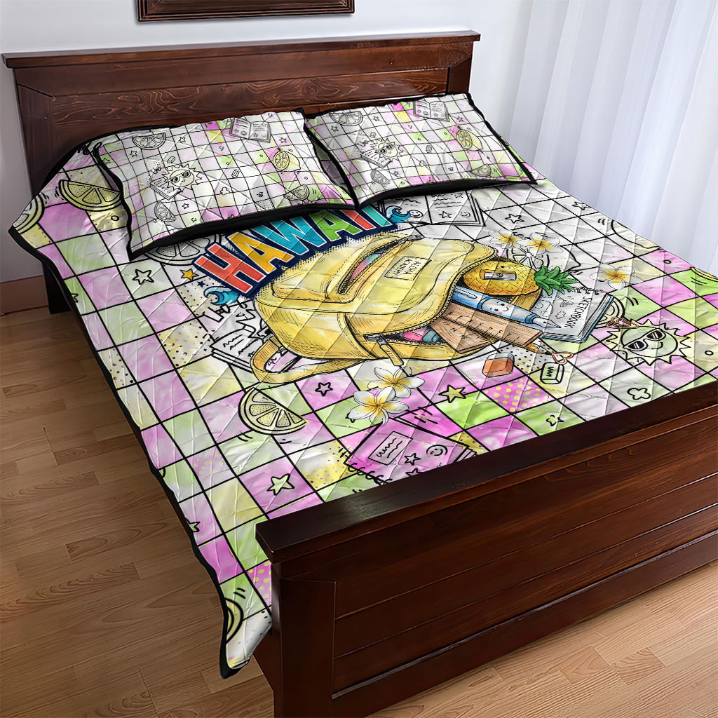 Hawaii Cruising Back To School Quilt Bed Set Grid Pattern With School Bag And Vintage Surf Van