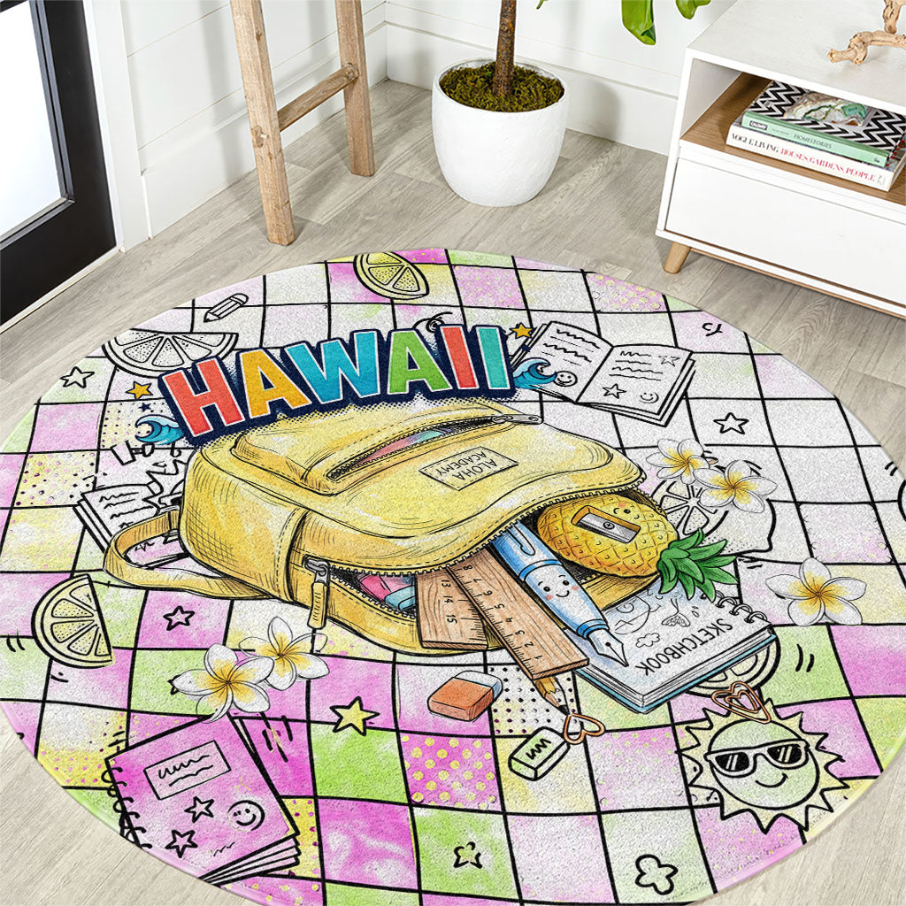 Hawaii Cruising Back To School Round Carpet Grid Pattern With School Bag And Vintage Surf Van TS04 White Yellow - Polynesian Pride
