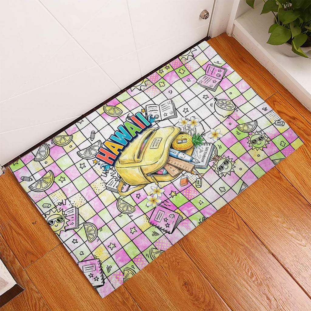 Hawaii Cruising Back To School Rubber Doormat Grid Pattern With School Bag And Vintage Surf Van