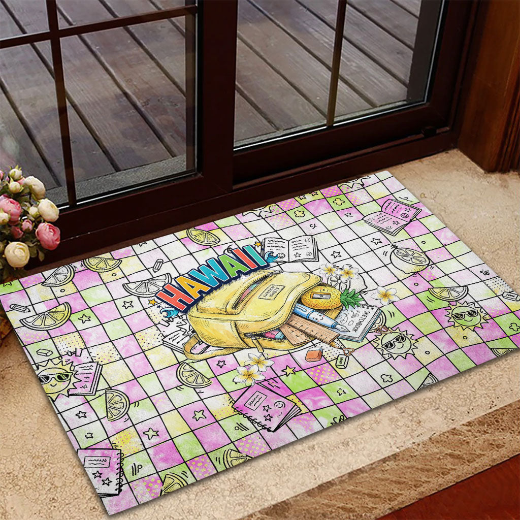 Hawaii Cruising Back To School Rubber Doormat Grid Pattern With School Bag And Vintage Surf Van