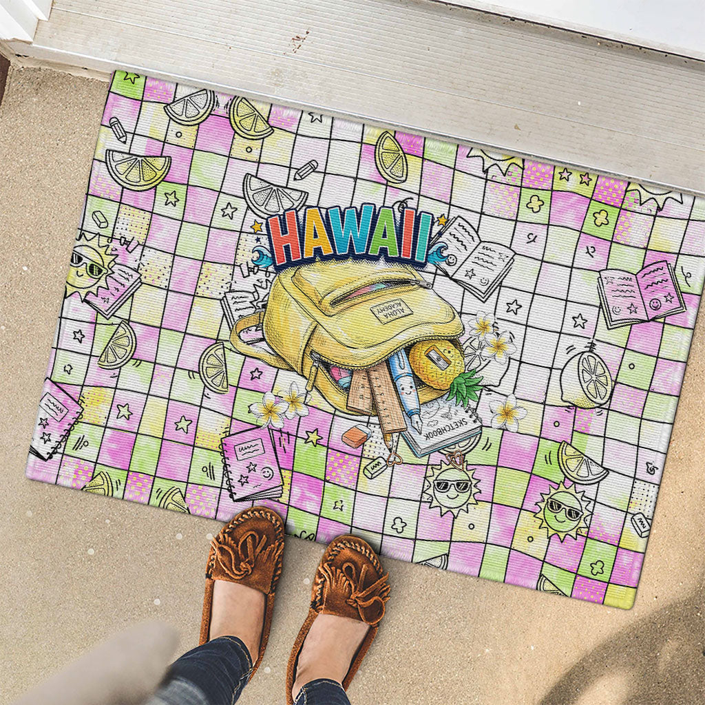Hawaii Cruising Back To School Rubber Doormat Grid Pattern With School Bag And Vintage Surf Van