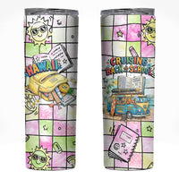 Hawaii Cruising Back To School Skinny Tumbler Grid Pattern With School Bag And Vintage Surf Van