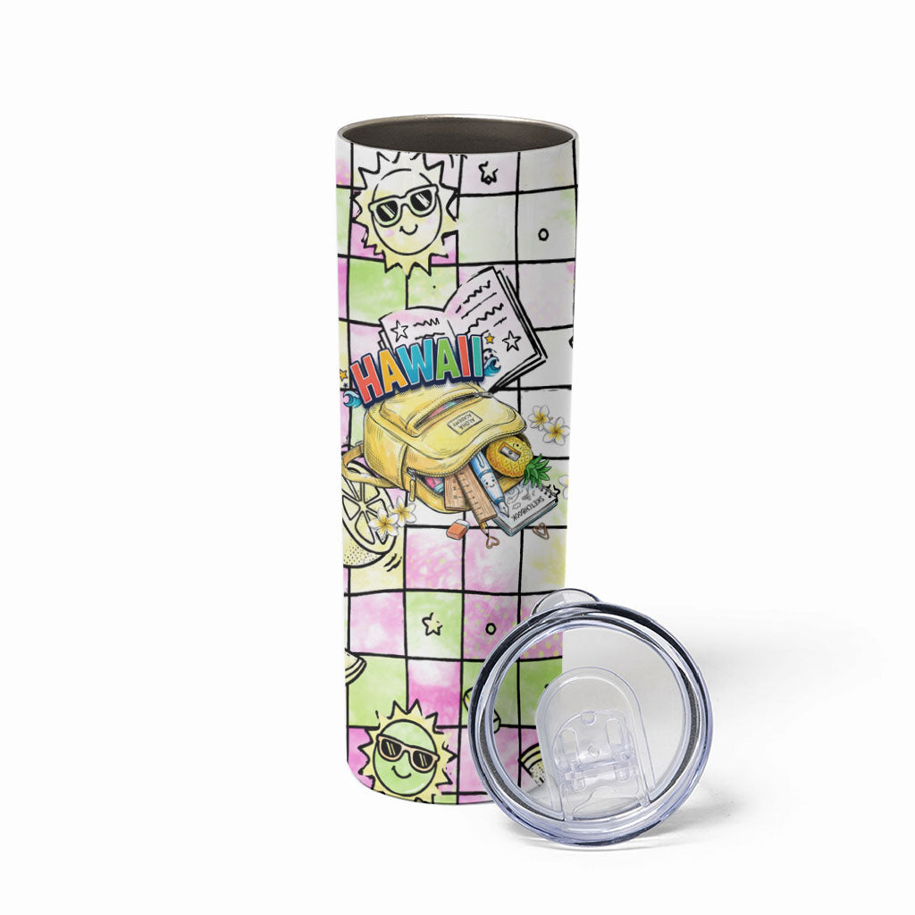 Hawaii Cruising Back To School Skinny Tumbler Grid Pattern With School Bag And Vintage Surf Van