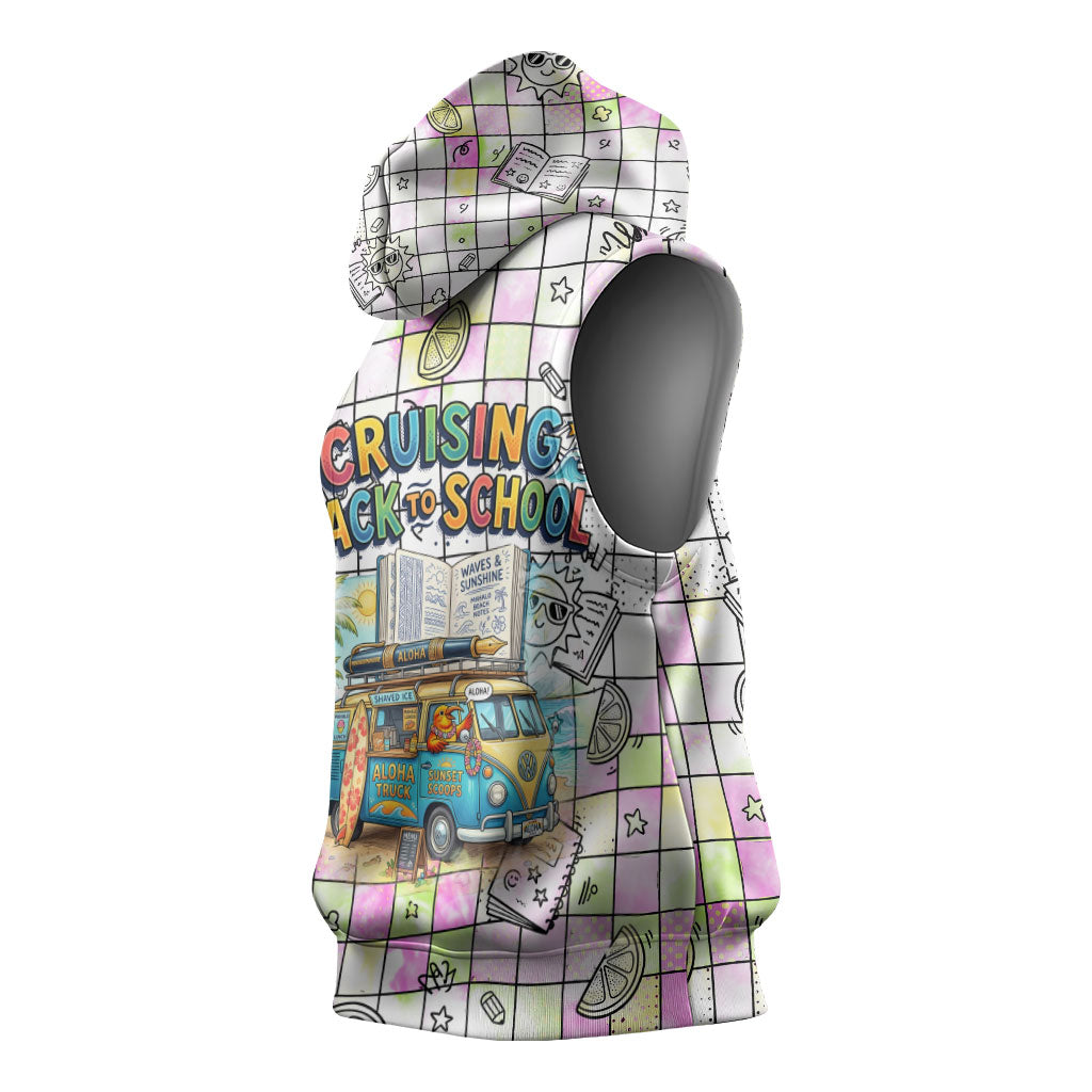 Hawaii Cruising Back To School Sleeveless Hoodie Grid Pattern With School Bag And Vintage Surf Van