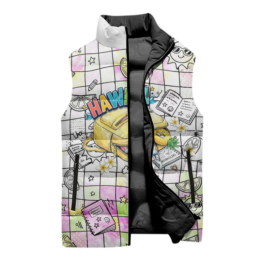 Hawaii Cruising Back To School Sleeveless Puffer Jacket Grid Pattern With School Bag And Vintage Surf Van