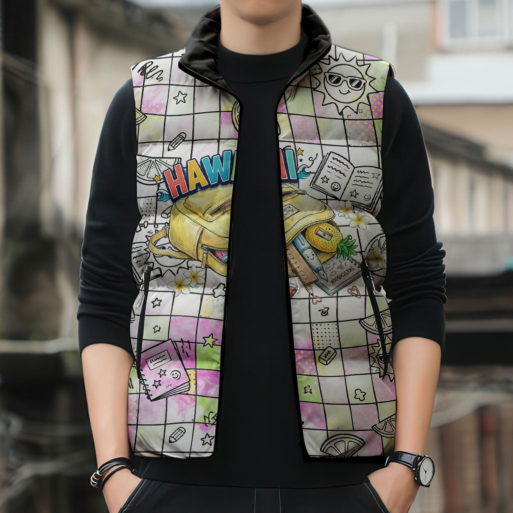 Hawaii Cruising Back To School Sleeveless Puffer Jacket Grid Pattern With School Bag And Vintage Surf Van