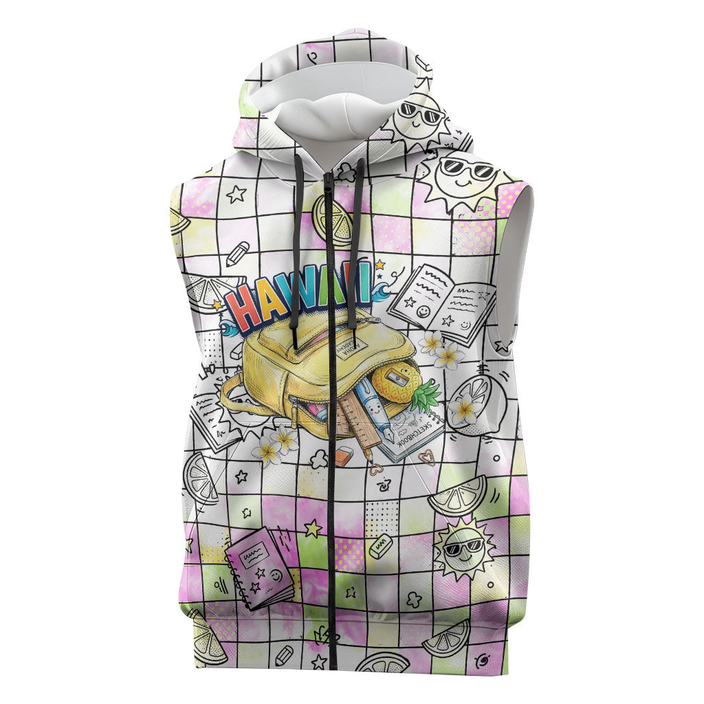 Hawaii Cruising Back To School Sleeveless Zip Hoodie Grid Pattern With School Bag And Vintage Surf Van