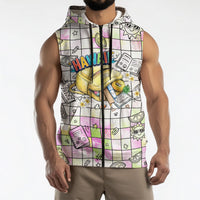 Hawaii Cruising Back To School Sleeveless Zip Hoodie Grid Pattern With School Bag And Vintage Surf Van