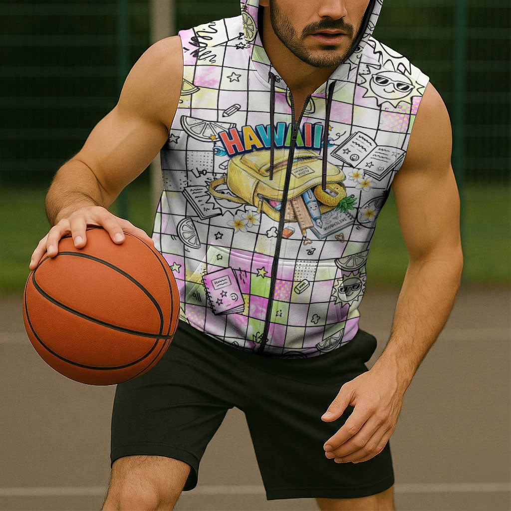 Hawaii Cruising Back To School Sleeveless Zip Hoodie Grid Pattern With School Bag And Vintage Surf Van