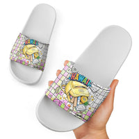 Hawaii Cruising Back To School Slide Sandals Grid Pattern With School Bag And Vintage Surf Van