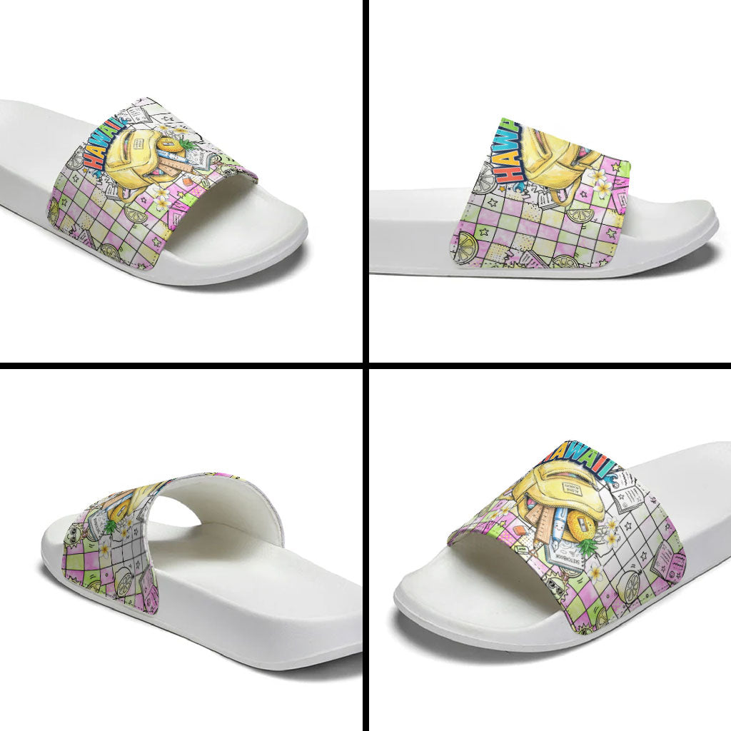 Hawaii Cruising Back To School Slide Sandals Grid Pattern With School Bag And Vintage Surf Van