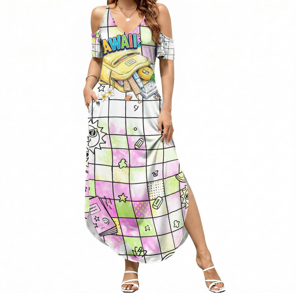 Hawaii Cruising Back To School Summer Maxi Dress Grid Pattern With School Bag And Vintage Surf Van