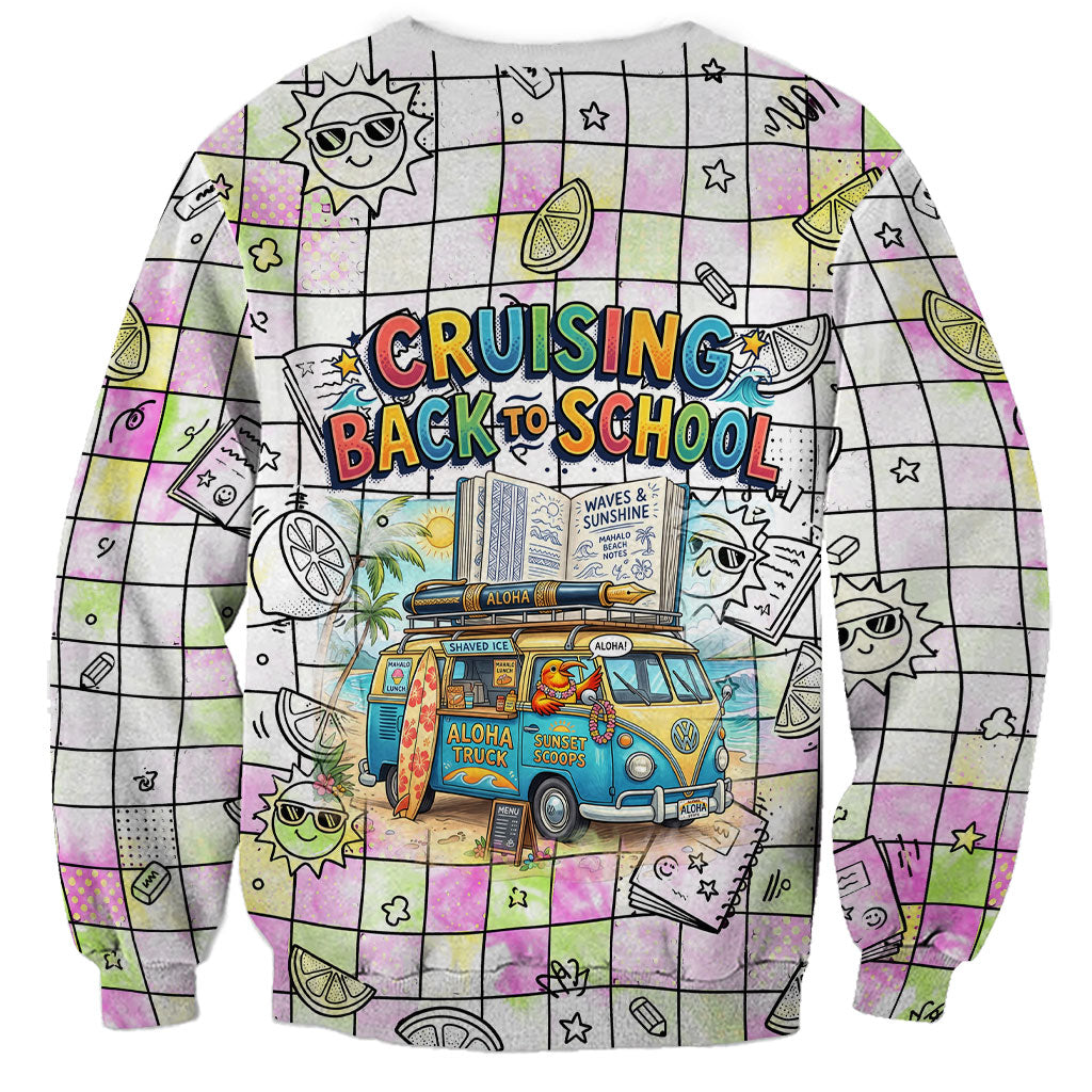 Hawaii Cruising Back To School Sweatshirt Grid Pattern With School Bag And Vintage Surf Van