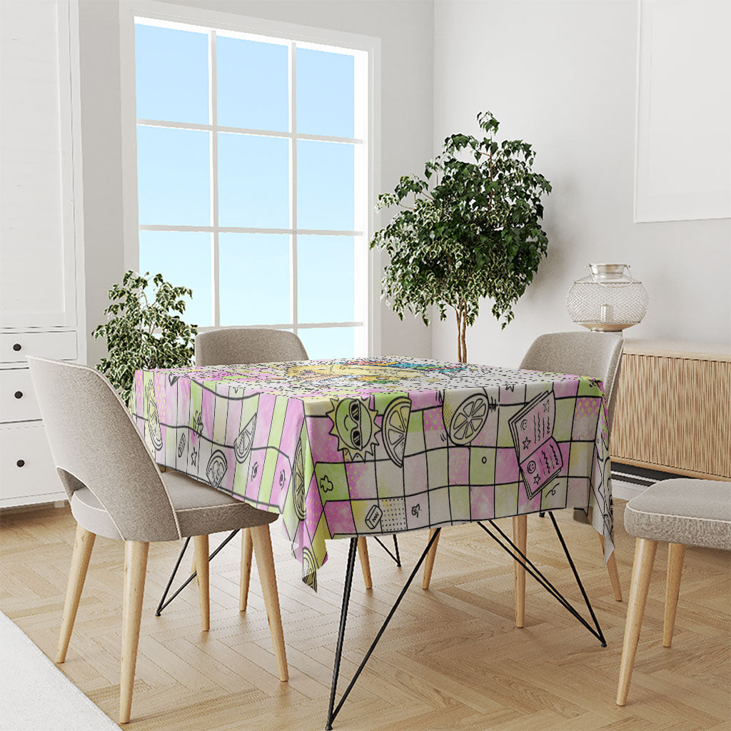 Hawaii Cruising Back To School Tablecloth Grid Pattern With School Bag And Vintage Surf Van