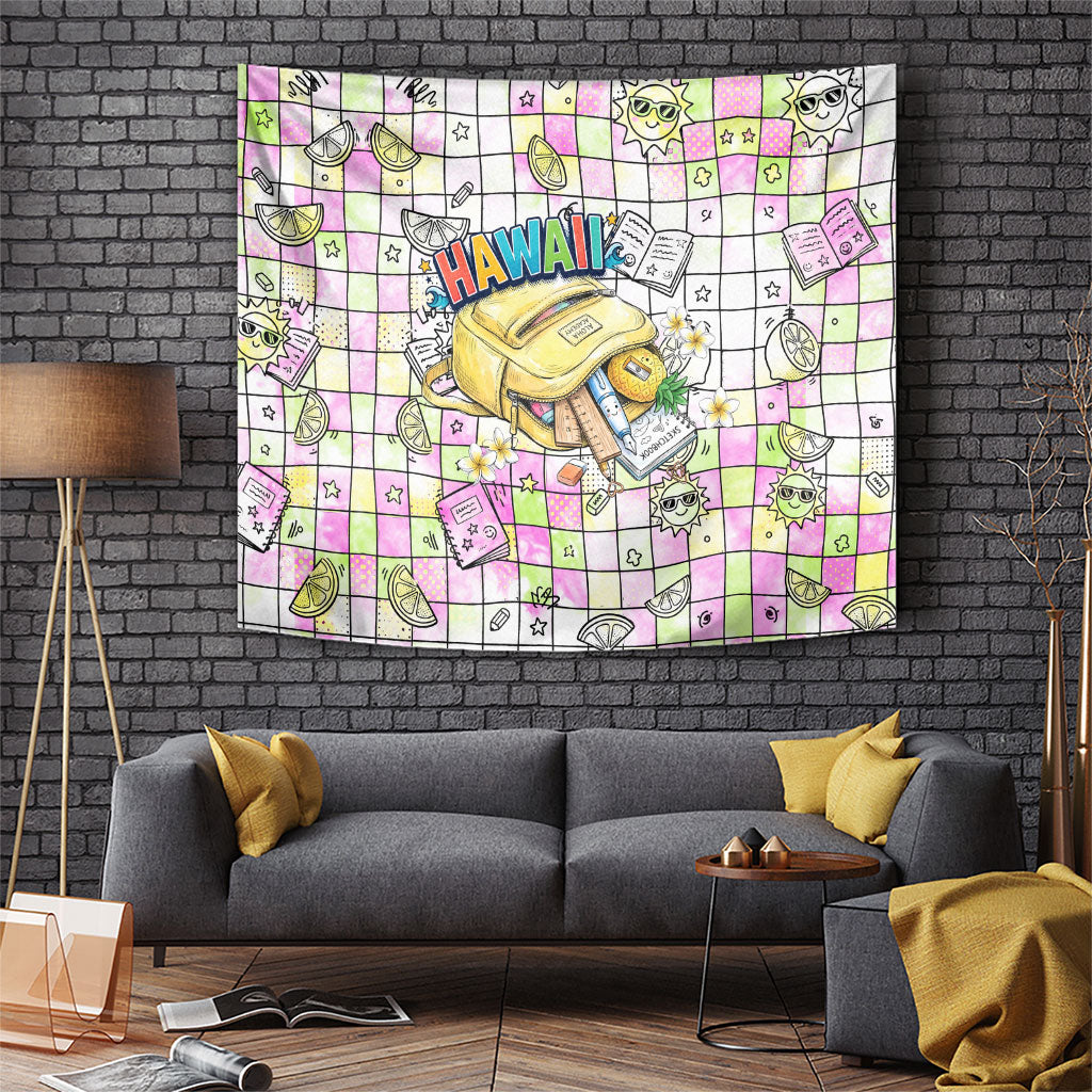 Hawaii Cruising Back To School Tapestry Grid Pattern With School Bag And Vintage Surf Van