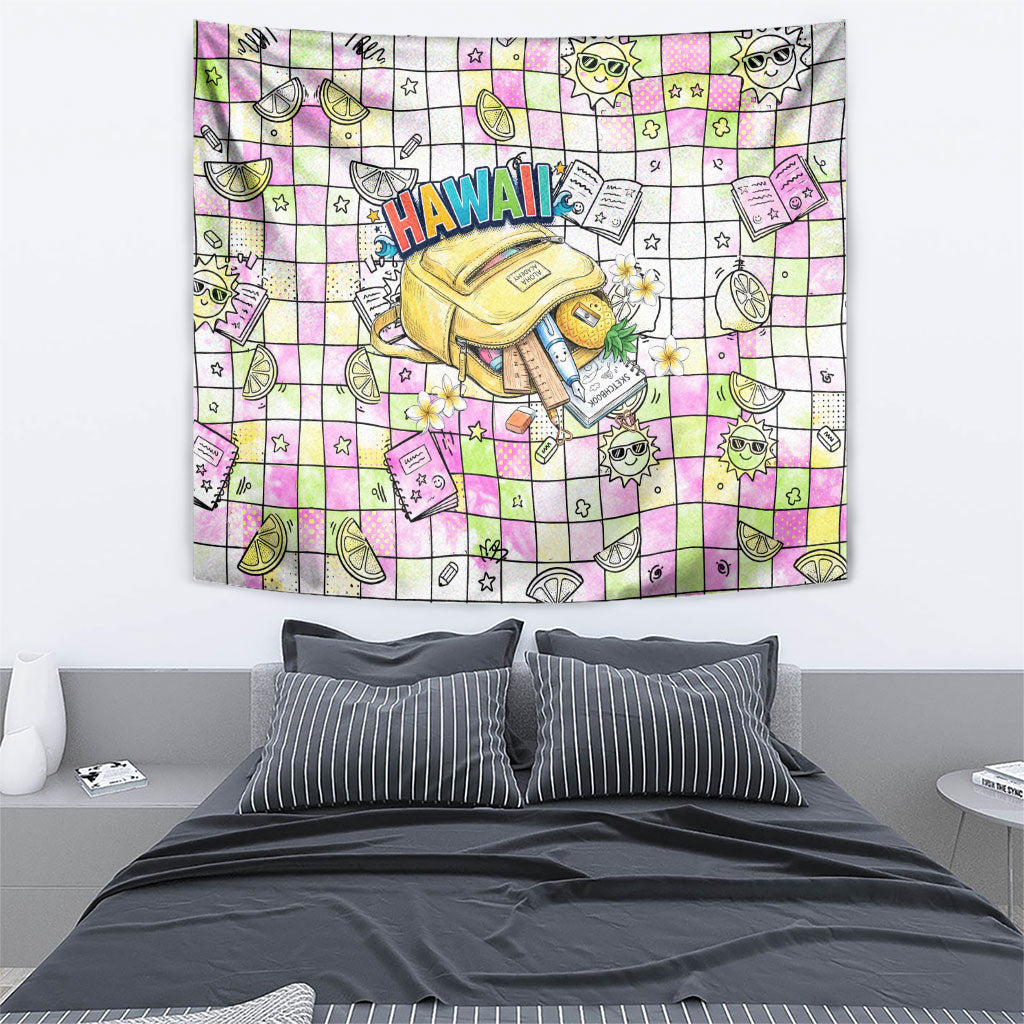 Hawaii Cruising Back To School Tapestry Grid Pattern With School Bag And Vintage Surf Van