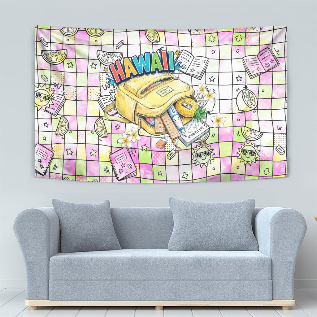 Hawaii Cruising Back To School Tapestry Grid Pattern With School Bag And Vintage Surf Van