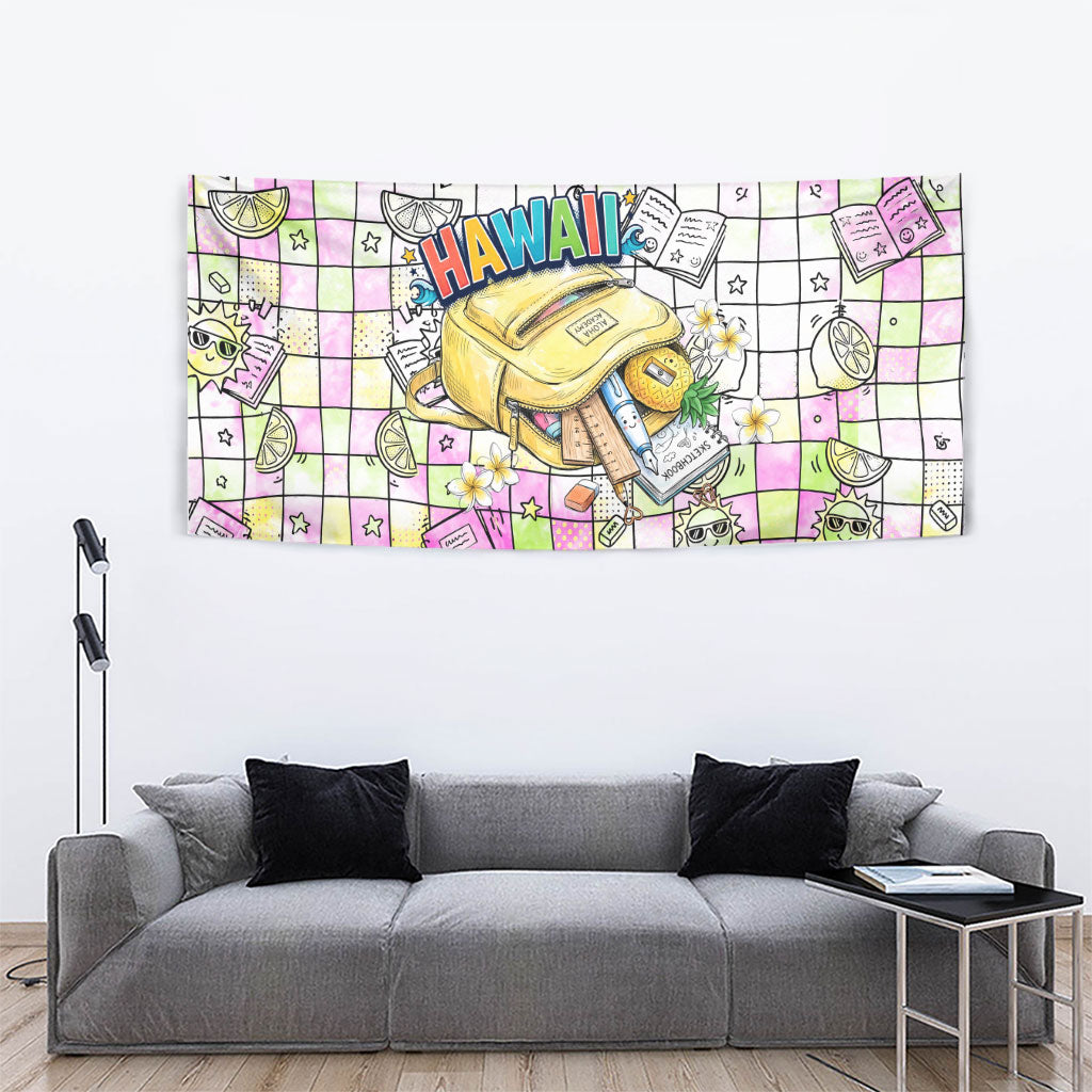 Hawaii Cruising Back To School Tapestry Grid Pattern With School Bag And Vintage Surf Van