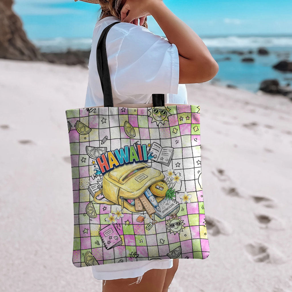 Hawaii Cruising Back To School Tote Bag Grid Pattern With School Bag And Vintage Surf Van