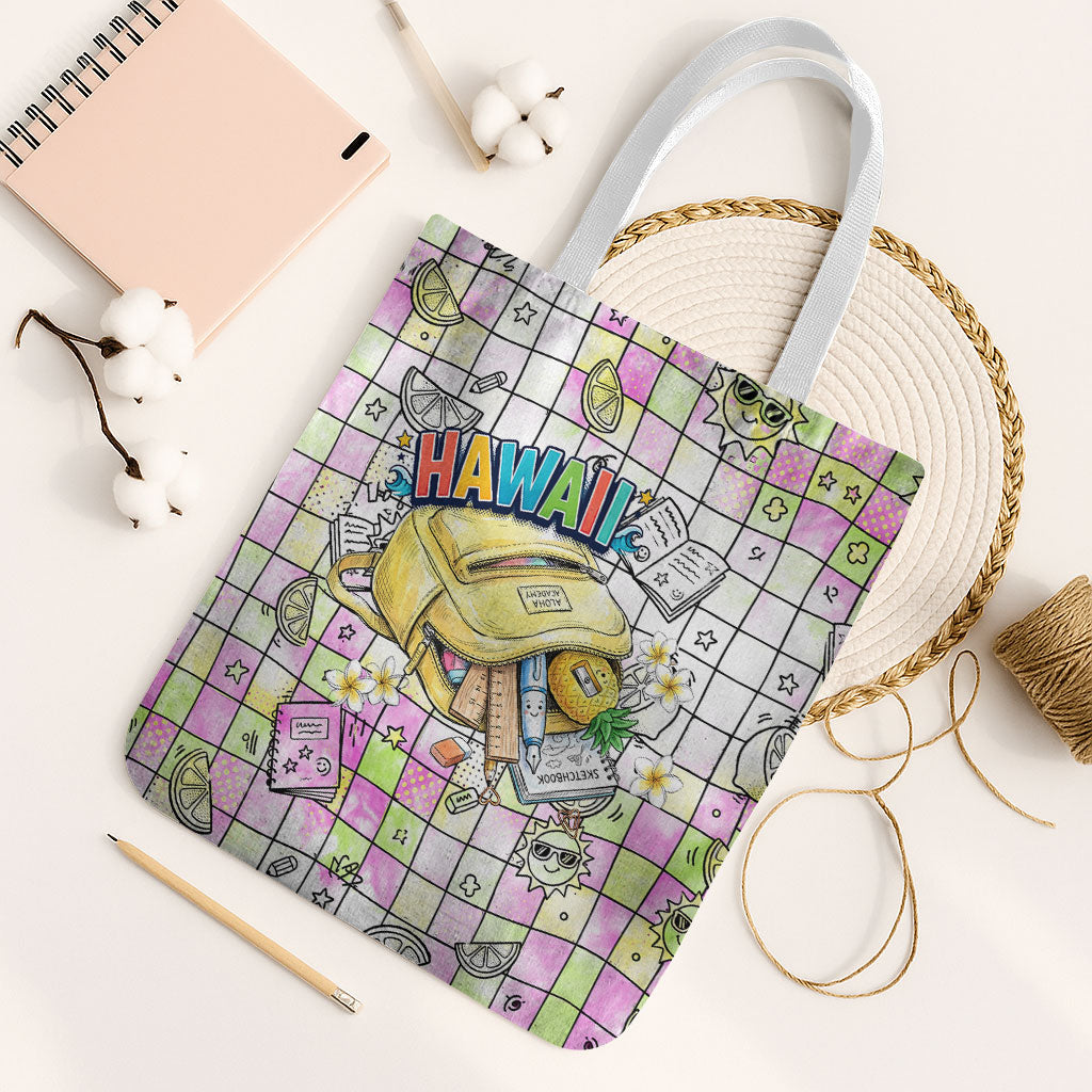 Hawaii Cruising Back To School Tote Bag Grid Pattern With School Bag And Vintage Surf Van