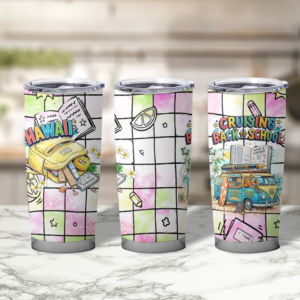 Hawaii Cruising Back To School Tumbler Cup Grid Pattern With School Bag And Vintage Surf Van