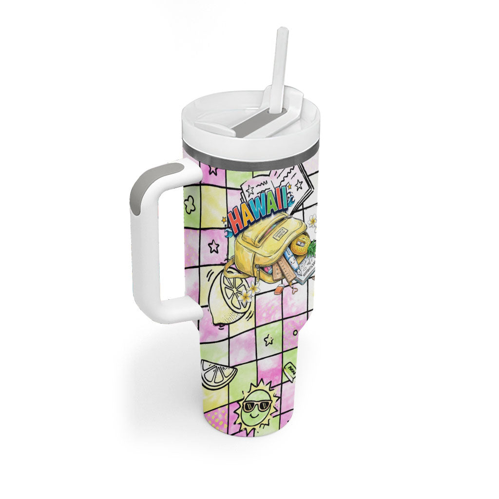 Hawaii Cruising Back To School Tumbler With Handle Grid Pattern With School Bag And Vintage Surf Van