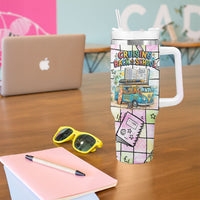 Hawaii Cruising Back To School Tumbler With Handle Grid Pattern With School Bag And Vintage Surf Van