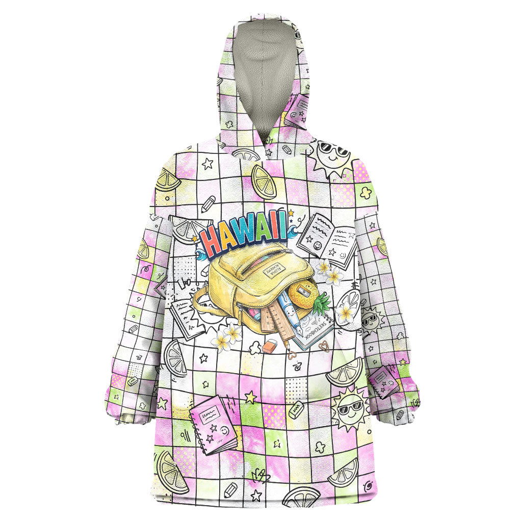 Hawaii Cruising Back To School Wearable Blanket Hoodie Grid Pattern With School Bag And Vintage Surf Van