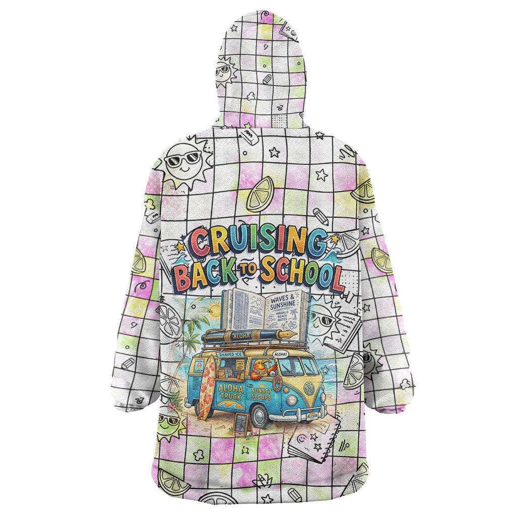 Hawaii Cruising Back To School Wearable Blanket Hoodie Grid Pattern With School Bag And Vintage Surf Van