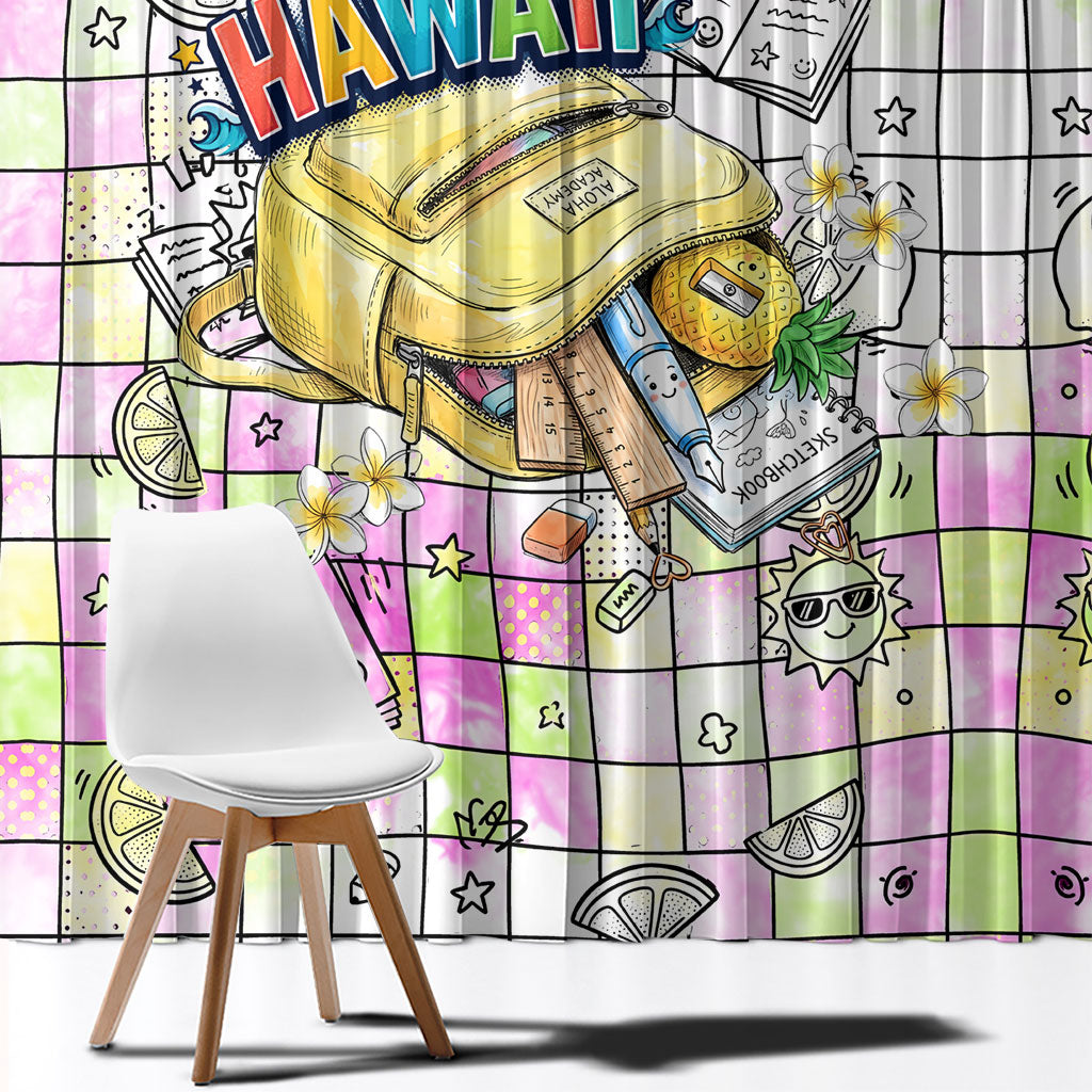 Hawaii Cruising Back To School Window Curtain Grid Pattern With School Bag And Vintage Surf Van