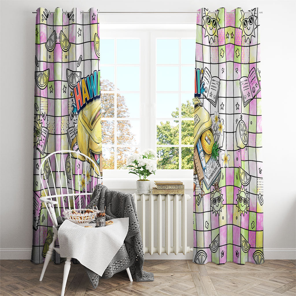 Hawaii Cruising Back To School Window Curtain Grid Pattern With School Bag And Vintage Surf Van