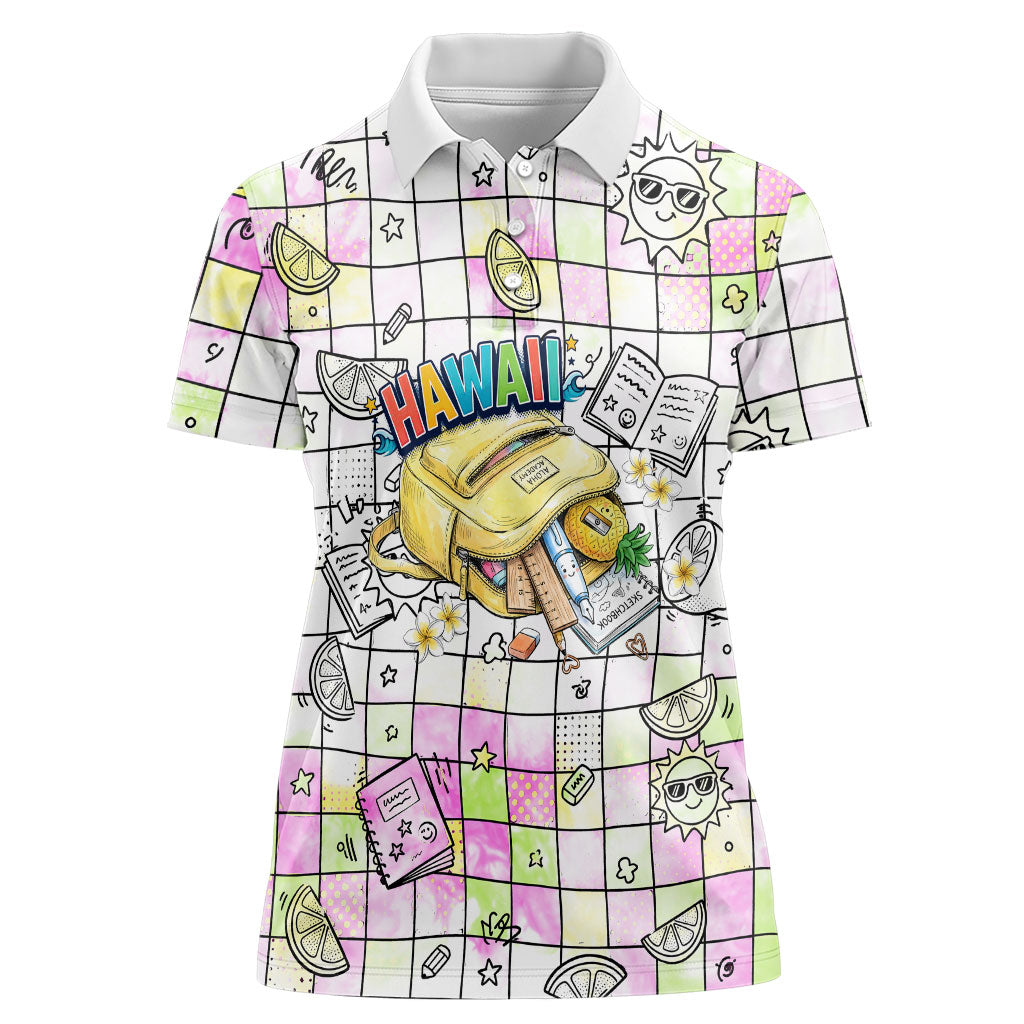 Hawaii Cruising Back To School Women Polo Shirt Grid Pattern With School Bag And Vintage Surf Van