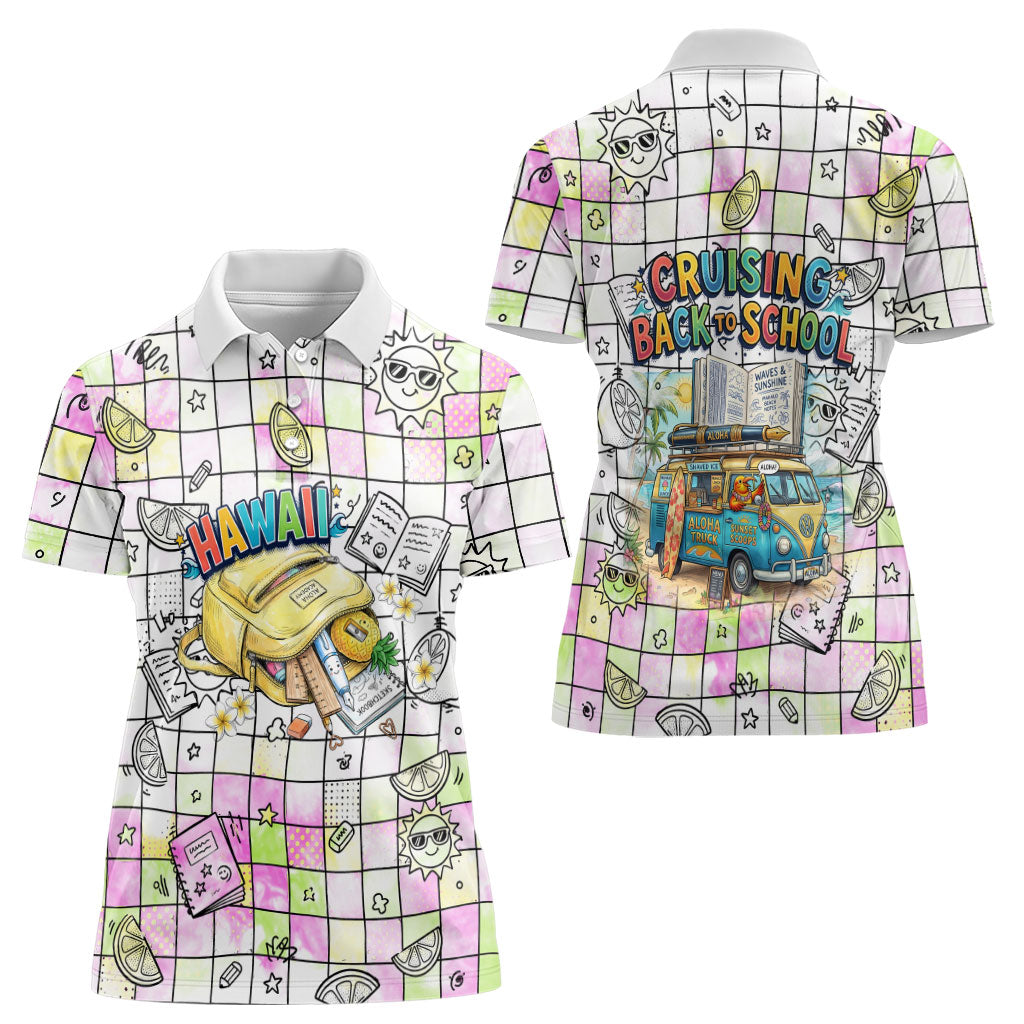 Hawaii Cruising Back To School Women Polo Shirt Grid Pattern With School Bag And Vintage Surf Van