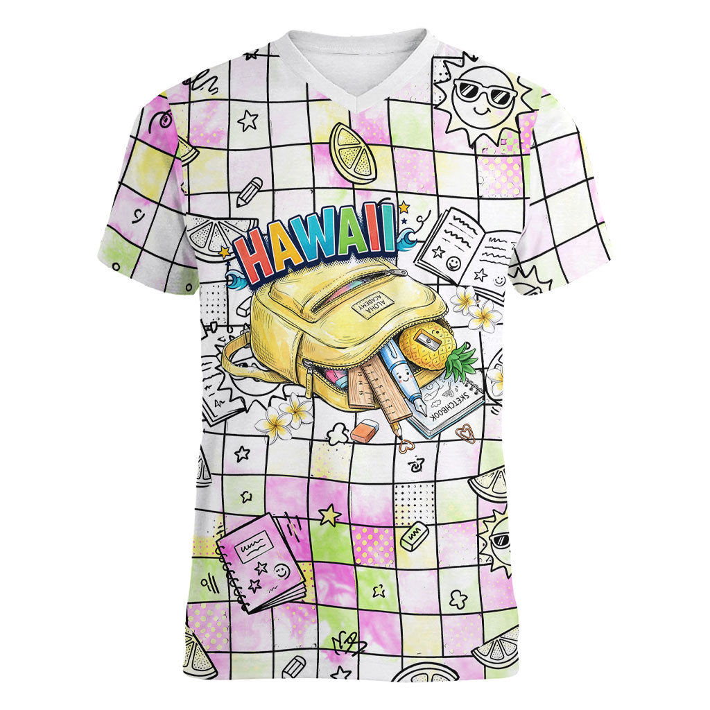 Hawaii Cruising Back To School Women V-Neck T-Shirt Grid Pattern With School Bag And Vintage Surf Van