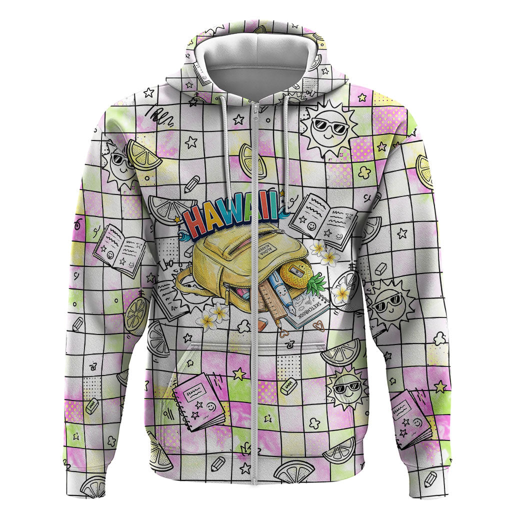 Hawaii Cruising Back To School Zip Hoodie Grid Pattern With School Bag And Vintage Surf Van TS04 Zip Hoodie White Yellow - Polynesian Pride