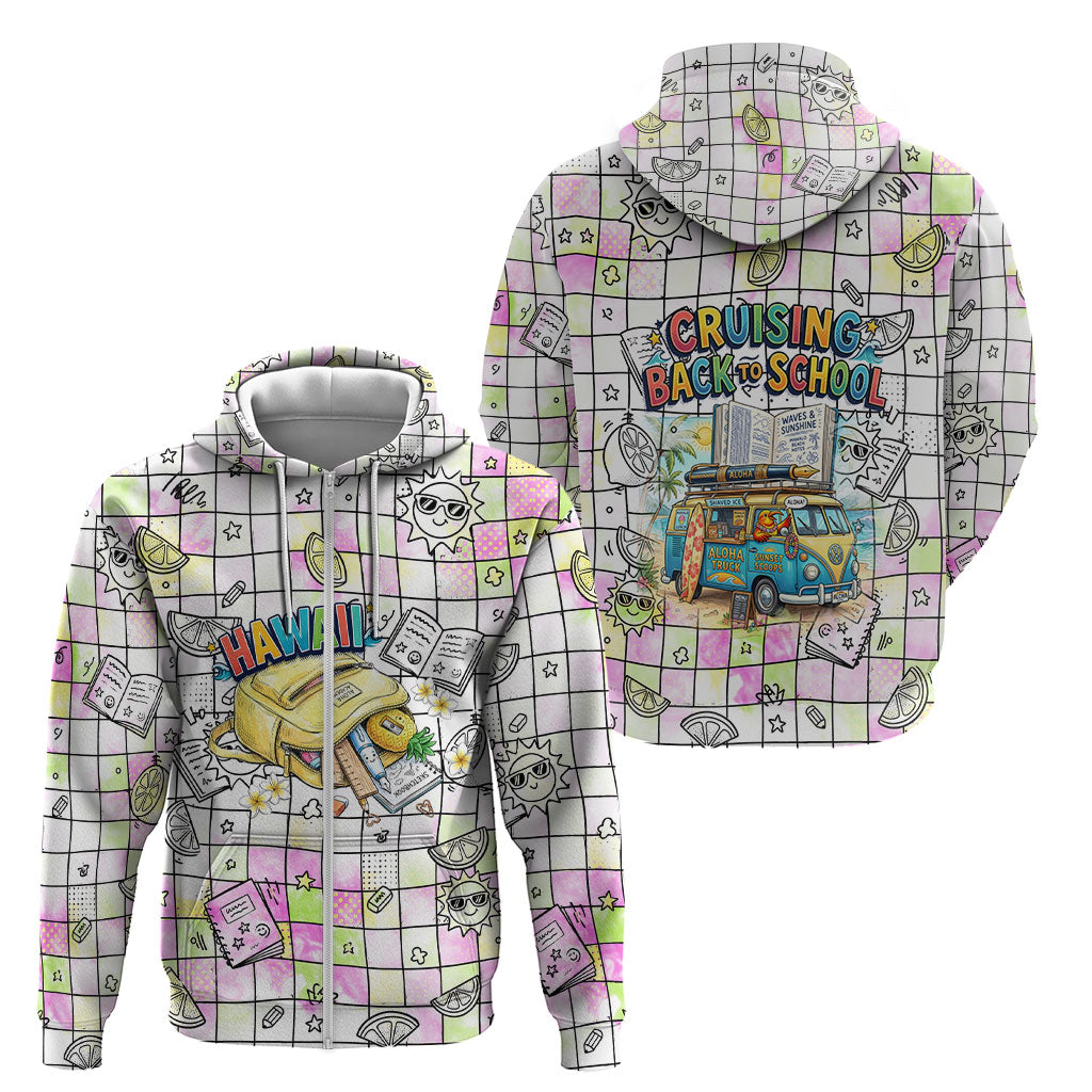 Hawaii Cruising Back To School Zip Hoodie Grid Pattern With School Bag And Vintage Surf Van