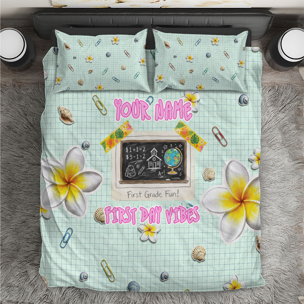 Personalized Hawaii Back To School Dolphin Bedding Set Grid Notebook Background With Dolphin Mascot And Plumeria Flowers TS04 Green White - Polynesian Pride