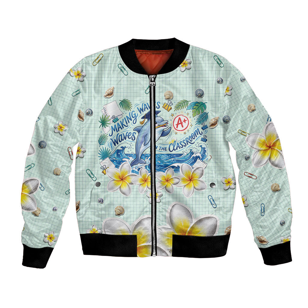Personalized Hawaii Back To School Dolphin Bomber Jacket Grid Notebook Background With Dolphin Mascot And Plumeria Flowers TS04 Unisex Green White - Polynesian Pride