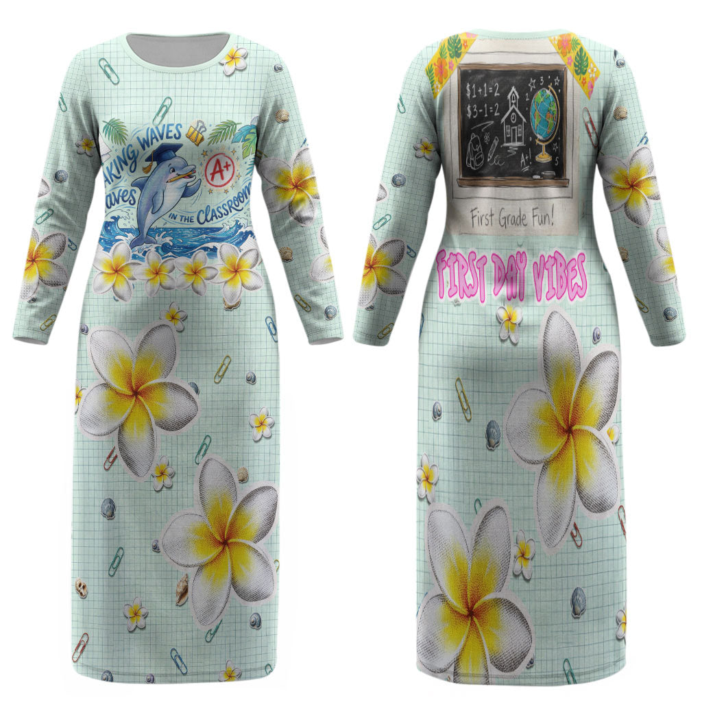 Personalized Hawaii Back To School Dolphin Family Matching Long Sleeve Bodycon Dress and Hawaiian Shirt Grid Notebook Background With Dolphin Mascot And Plumeria Flowers TS04 Mom's Dress Green White - Polynesian Pride