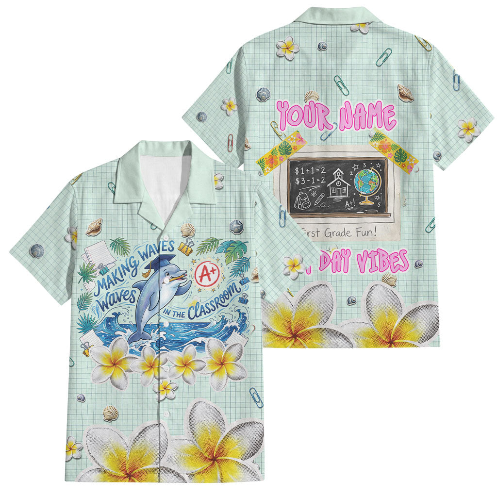 Personalized Hawaii Back To School Dolphin Family Matching Off The Shoulder Long Sleeve Dress and Hawaiian Shirt Grid Notebook Background With Dolphin Mascot And Plumeria Flowers TS04 Dad's Shirt - Short Sleeve Green White - Polynesian Pride