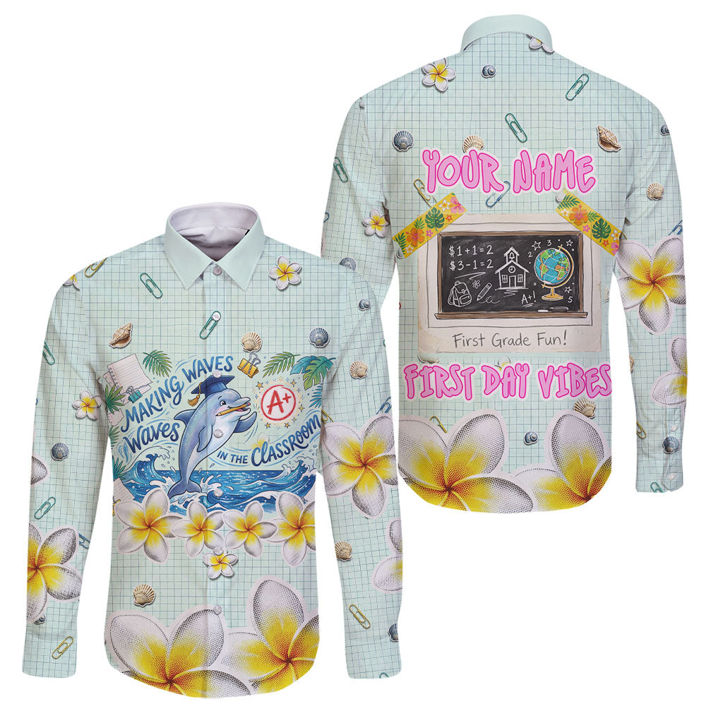 Personalized Hawaii Back To School Dolphin Family Matching Off The Shoulder Long Sleeve Dress and Hawaiian Shirt Grid Notebook Background With Dolphin Mascot And Plumeria Flowers TS04 Dad's Shirt - Long Sleeve Green White - Polynesian Pride