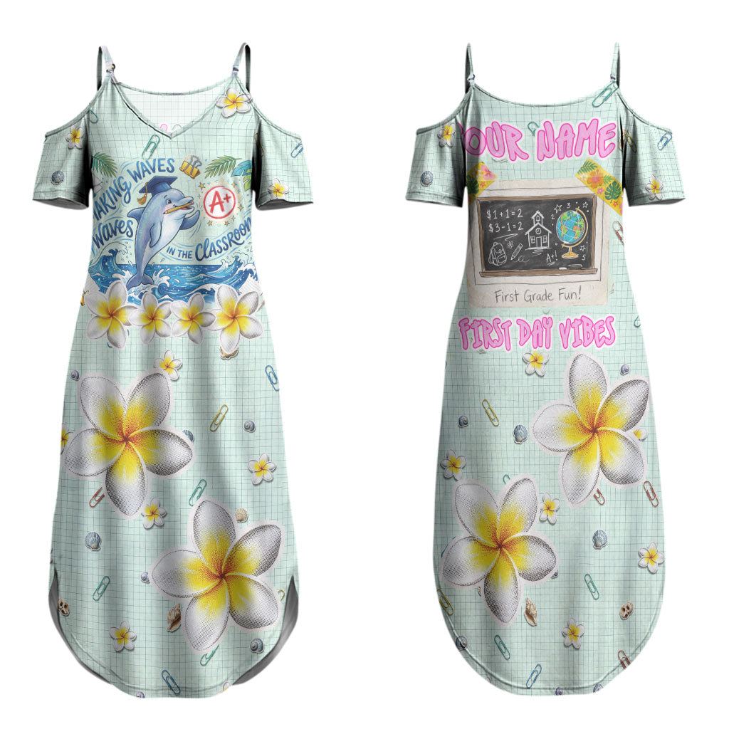 Personalized Hawaii Back To School Dolphin Family Matching Summer Maxi Dress and Hawaiian Shirt Grid Notebook Background With Dolphin Mascot And Plumeria Flowers TS04 Mom's Dress Green White - Polynesian Pride