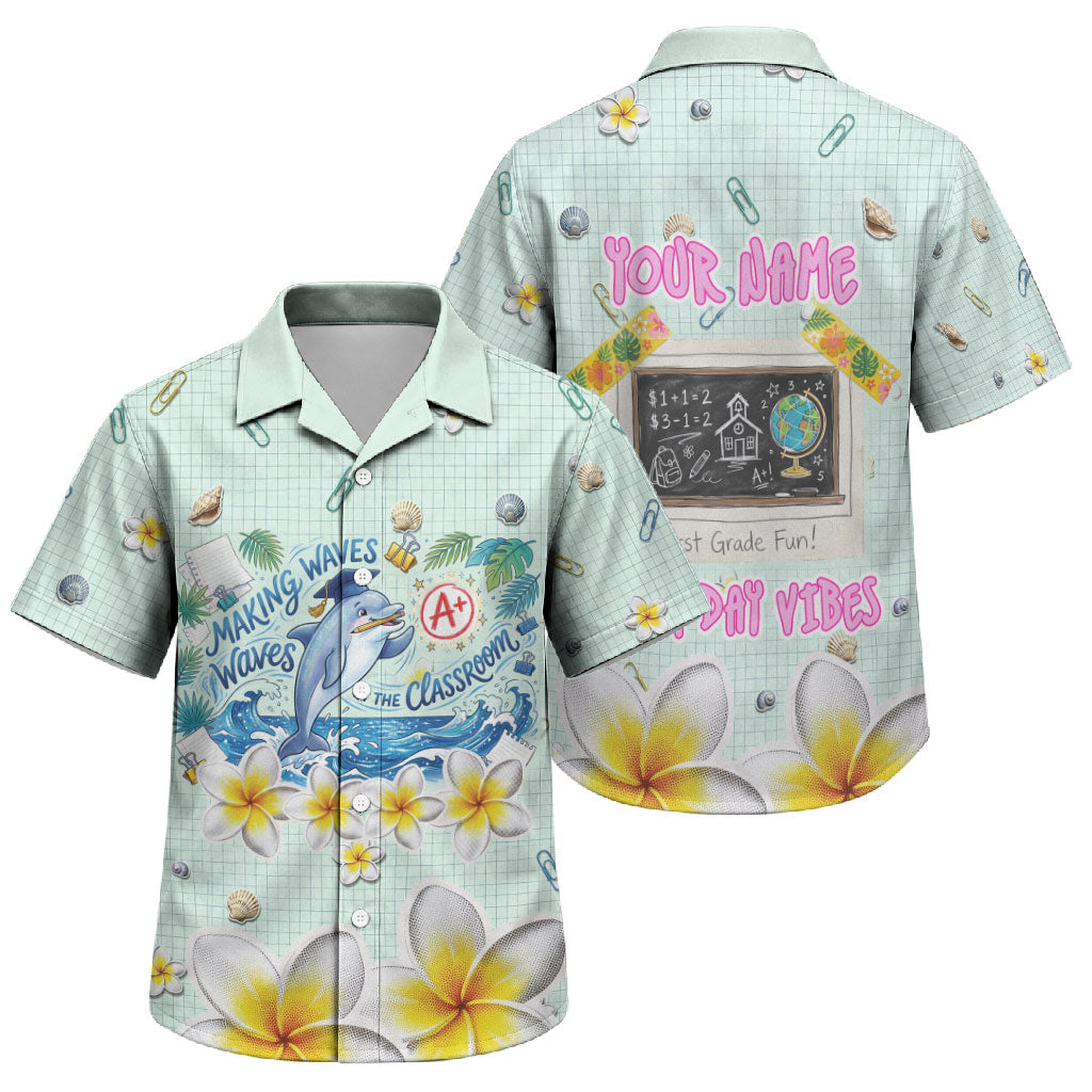 Personalized Hawaii Back To School Dolphin Family Matching Summer Maxi Dress and Hawaiian Shirt Grid Notebook Background With Dolphin Mascot And Plumeria Flowers TS04 Son's Shirt Green White - Polynesian Pride