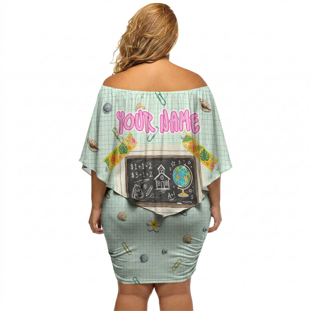 Personalized Hawaii Back To School Dolphin Off Shoulder Short Dress Grid Notebook Background With Dolphin Mascot And Plumeria Flowers TS04 - Polynesian Pride