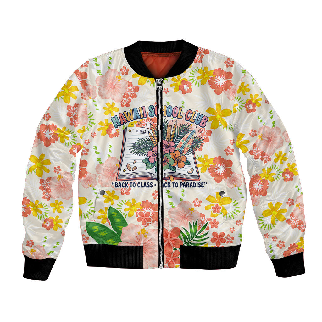 Personalized Hawaii School Club Back To Class Bomber Jacket Retro Tropical Hibiscus Pattern With Open Notebook TS04 Unisex White Orange - Polynesian Pride