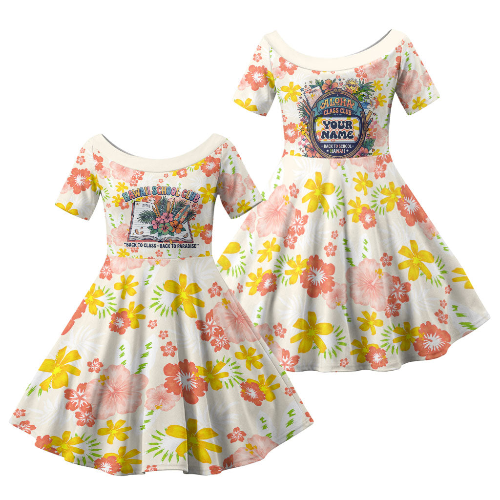 Personalized Hawaii School Club Back To Class Family Matching Long Sleeve Bodycon Dress and Hawaiian Shirt Retro Tropical Hibiscus Pattern With Open Notebook TS04 Daughter's Dress White Orange - Polynesian Pride