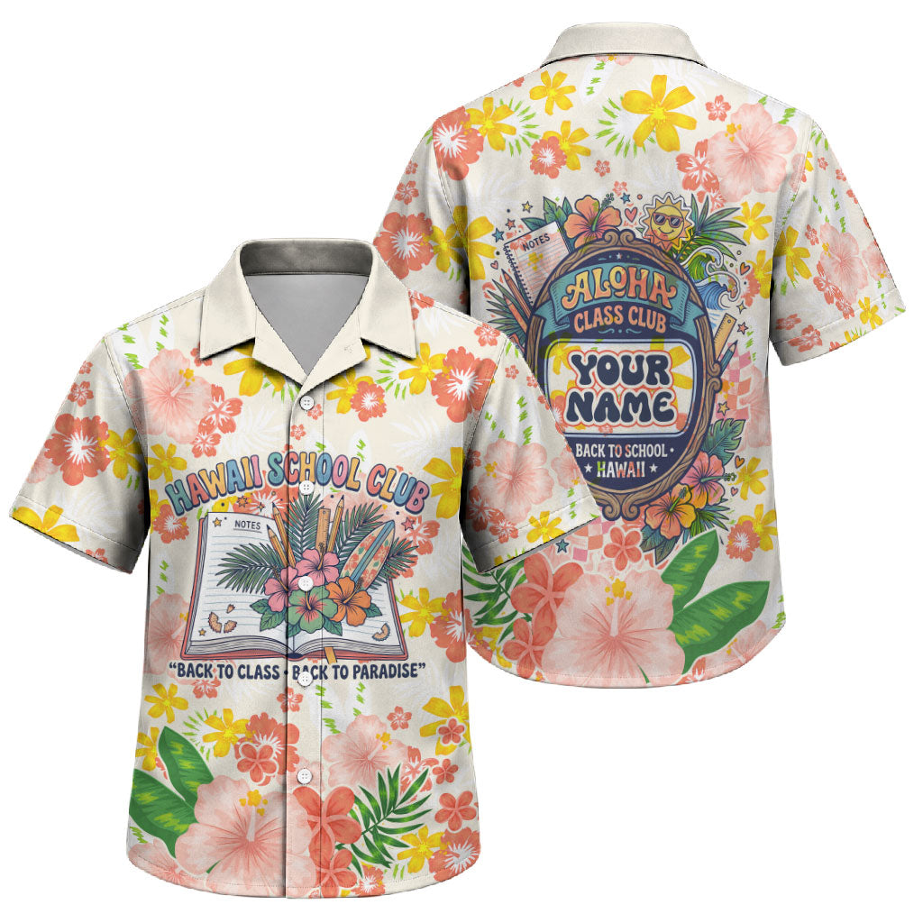 Personalized Hawaii School Club Back To Class Family Matching Long Sleeve Bodycon Dress and Hawaiian Shirt Retro Tropical Hibiscus Pattern With Open Notebook TS04 Son's Shirt White Orange - Polynesian Pride