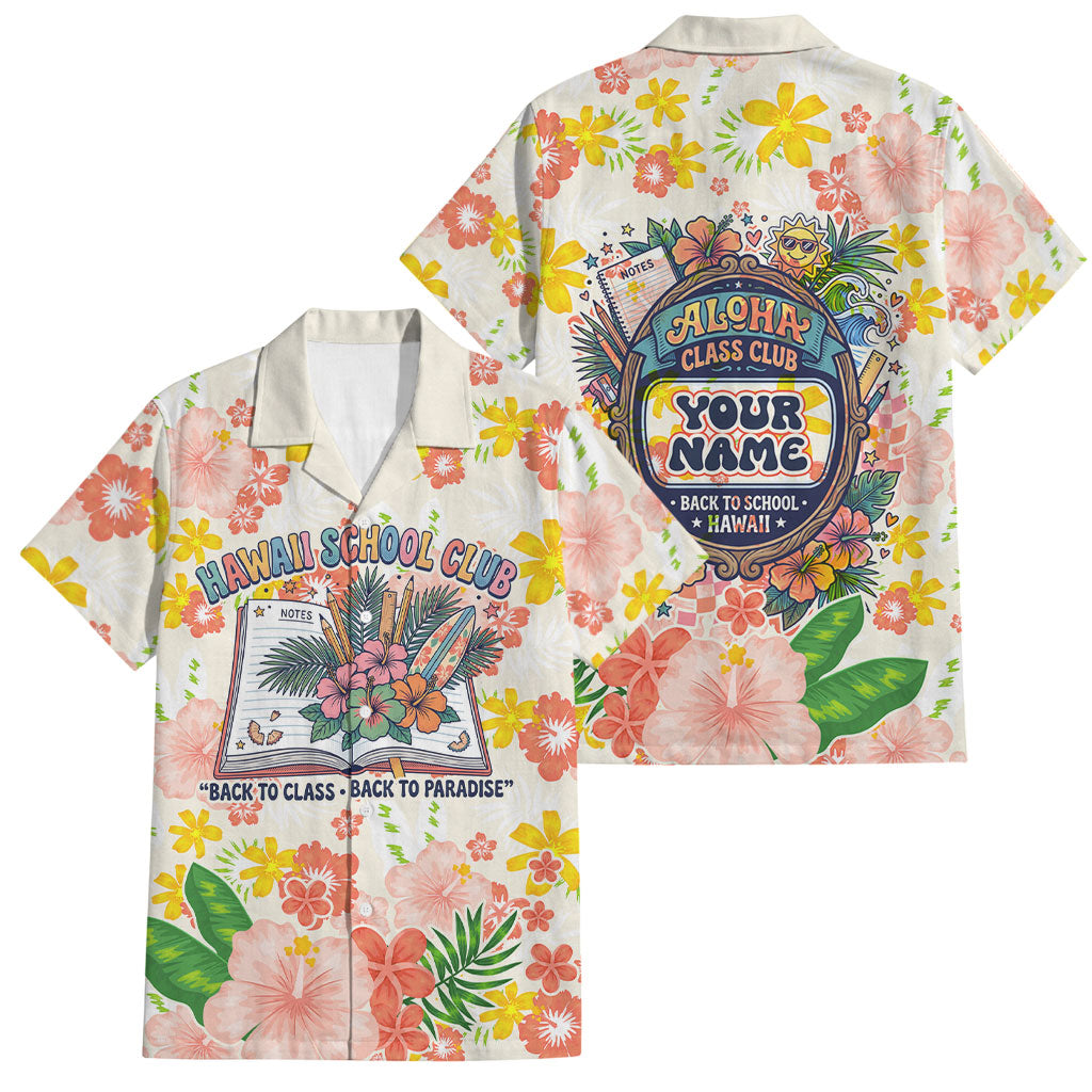 Personalized Hawaii School Club Back To Class Family Matching Off Shoulder Short Dress and Hawaiian Shirt Retro Tropical Hibiscus Pattern With Open Notebook TS04 Dad's Shirt - Short Sleeve White Orange - Polynesian Pride